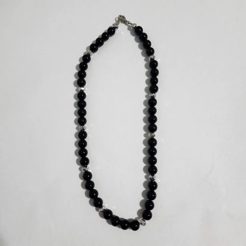 Silver Tone Faceted Black Acrylic Round Beaded Single Strand Necklace